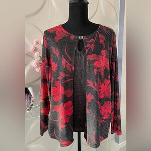 C.D. Petites Women's Floral Cardigan and Top Attached Set Size Petite X-Large